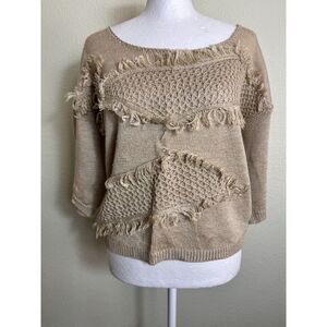 Kitty Hawk Women's Sweater Tan 1/2 Sleeve Linen Blend Size M Fringe‎